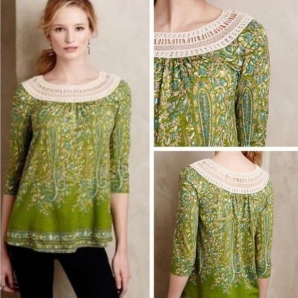 𝅺meadow RUE LADIES 3/4 SLEEVE EMBROIDERED NECKLINE TOP-  S - Picture 1 of 5
